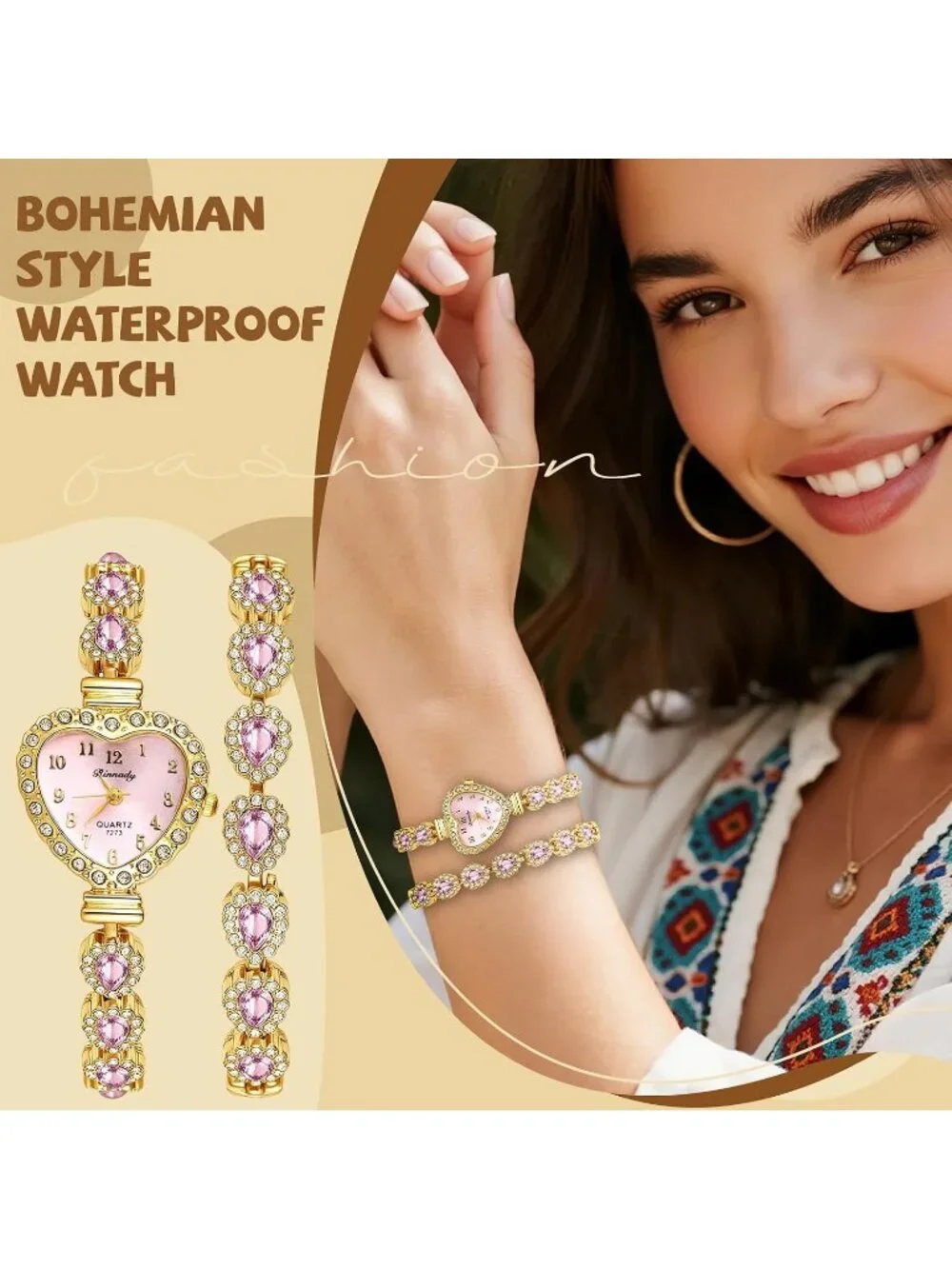 Women's Pink Heart Dial Bracelet Set Birthstone Crystal Quartz Display Watches